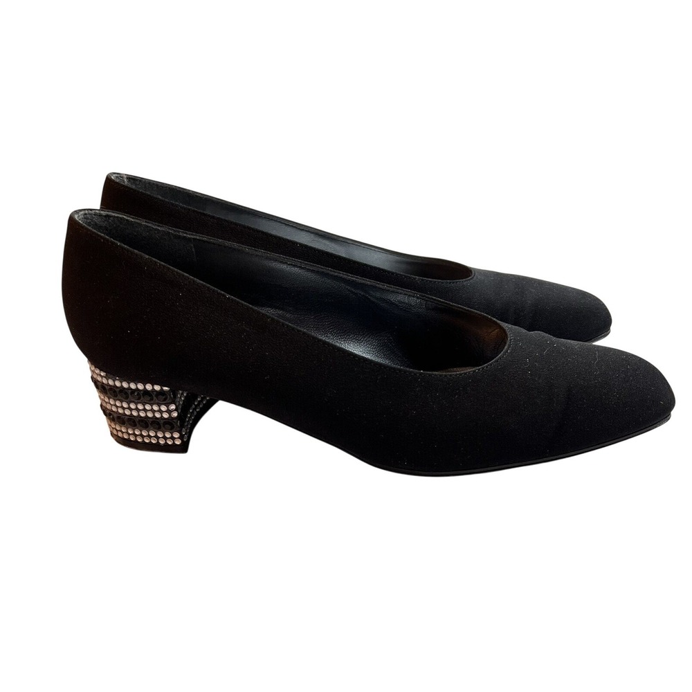 Stuart Weitzman Bejewel Black Crepe Rhinestone Block Heel Pumps 6.5 M 2W68974